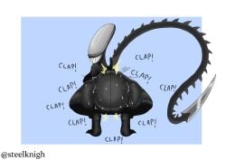 1girls 2d alien alien_(franchise) alien_girl black_body clap_(sound_effect) clapping_ass clapping_cheeks female female_only female_xenomorph long_tail monster_girl sharp_teeth simple_background smile smiling smiling_at_viewer solo solo_female squatting steelknigh twerk twerking watermark xenomorph xenomorph_tail