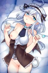 ahoge ajitarou_(setsu) android black_wings blue_eyes blush breasts brown_bodice censored commentary_request emil_chronicle_online female frilled_hairband frills hairband head_on_pillow heart highres leotard long_sidelocks lying medium_breasts mitama_aria mosaic_censoring nipples on_bed panties pillow pussy sidelocks solo spoken_heart underwear white_hair white_leotard white_tail wings