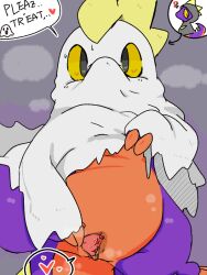 2025 anthro ardest breath claw_fingers clitoris clothing costume english_text female genitals ghost_costume halloween heart_symbol holidays leezpunk lizard looking_at_viewer lying on_back orange_body pal_(species) palworld pocketpair presenting presenting_pussy presenting_vulva purple_body pussy reptile requesting scalie sex_request simple_background solo speech_bubble spread_pussy spread_vulva spreading talking_to_viewer text vulva yellow_sclera