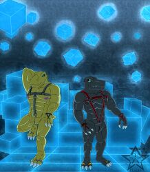 3_fingers 3_toes agumon anthro bandai_namco bara belt black_body blackagumon claw_fingers claws cuntboy digimon digimon_(species) dinosaur fafnir_stardust_(artist) feet fingers genitals harness hi_res intersex male muscular muscular_anthro nude prehistoric_species pussy reptile scalie toe_claws toes vulva yaoi yellow_body