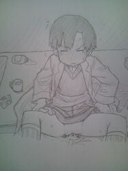 blush clothed_sex female labcoat monochrome nakamura_kana nichijou oekaki sex spread_legs table tears tomubobu