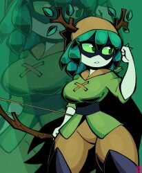 adventure_time antennae antlers black_footwear boots bow_(weapon) branch breasts brown_pants cape clothing colored_sclera colored_skin detailed_background domino_mask eye_mask female female_focus female_only footwear green_body green_eyes green_hair green_sclera green_shirt green_skin high_resolution holding holding_bow_(weapon) holding_object holding_weapon horns huntress_wizard jek_korpen large_breasts leaf legwear looking_to_the_side mask masked_female pants parted_lips reupload shirt solo solo_focus standing tagme thick_thighs thigh_boots thighhighs thighs weapon white_skin