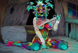 1girls ai_generated braids breasts claws clothed crown dani_(paigen) fangs female glass glass_girl glass_monster glass_skin horn horns horror horror_(theme) large_breasts lifting_shirt looking_at_viewer monster_girl multicolored_body multicolored_hair original original_character paigen pointy_ears ribbed_sweater see-through_clothing sharp_nails sharp_teeth sharp_toenails short_hair stained_glass stained_glass_monster static_eyes sweater underboob