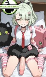 1futa ai_generated angels_of_delusion bed big_penis chinatsu_remiel evil_grin futa_only futanari green_eyes green_hair huge_cock petite petite_body petite_female school_uniform schoolgirl skirt small_breasts smaller_female smug socks spread_legs sunna_(zenless_zone_zero) thigh_strap tie veiny_penis younger_futa zenless_zone_zero