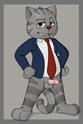 anthro anthro_male bottomless circumcised clothed clothing drugs feline fritz_the_cat fritz_the_cat_(character) furry furry_only grey_background male male_focus male_only mammal marijuana necktie neenya no_humans partially_clothed penis simple_background smoking