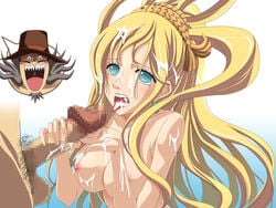 1boy 1girls blonde_hair breasts bukkake censored cum cum_on_body earrings facial female handjob hat highres large_breasts long_hair male mermaid nipples one_piece penis princess saykay shirahoshi solo_focus straight tongue_out topless vander_decken_ix