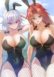 :d arm_behind_head armpit belly belly_button belly_button_visible_through_clothing big_breasts big_chest big_thighs black_bunny_ears black_bunnysuit black_leotard black_ribbon black_ribbons blue_sky blush blush_lines blushing_at_viewer blushing_female blushing_lines braid braided_ribbon breasts bunny_ears bunnysuit chest cloud clouds duo fake_animal_ears fake_rabbit_ears female female_only fishnets green_ribbons high_resolution hips hong_meiling izayoi_sakuya leotard light-skinned_female light_skin long_hair long_red_hair mommy mommy_milkers net_stockings pink_tongue reflection reflective reflective_body reflective_clothing reflective_hair reflective_skin revealing_breasts revealing_clothes revealing_clothing revealing_outfit ribbon ribbons sakuya_izayoi sexy sexy_body sexy_female short_hair short_white_hair shy shy_expression shy_female smile smiling smiling_at_viewer sun_rays sunny sunny_day thick_hips thighs tofuandsoup tongue touhou touhou_project tree trees tummy twin_braids two_females two_women upscaled waifu2x