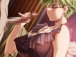 1boy 1girls censored female game_cg green_eyes green_hair handjob ino izayoi_no_hanayome male megane mink_(company) nightgown saegusa_mikoto tagme