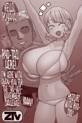1boy 1boy1girl 1girl1boy 1girls 2025 2d_(artwork) anon arms_up bikini booba bra breasts cheering confident confident_male ekz event excited excited_female female highres huge_breasts imminent_paizuri imminent_titfuck imminent_titjob jiggle jiggling_boobs jiggling_breasts jiggling_tits male narusawa_ryouka no_nut_november occultic;nine peace_sign recording simple_background stomach tits_bouncing yay