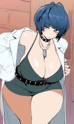 1girls ai_generated atlus belt big_breasts blue_hair bob_cut brown_eyes choker cleavage coat curvaceous curvy_female doctor eyes female female_only goth_girl green_dress hourglass_figure large_breasts light-skinned_female light_skin nail_polish persona persona_5 short_hair tae_takemi taking_clothes_off thick thick_thighs voluptuous voluptuous_female wide_hips