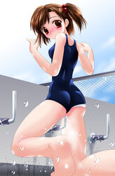 barefoot blush brown_hair character_request feet female female_focus female_only kneeling masturbation mizugi school_uniform short_hair sky sukumizu swimsuit_aside tied_hair twintails wet