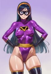 aged_up ai_generated alternate_costume black_hair blue_eyes blush bodysuit cameltoe covered_nipples domino_mask female gradient_background hands_on_hips jagat_ai latex long_hair plain_background shiny_clothes smile solo solo_female superheroine the_incredibles thighhighs violet_parr