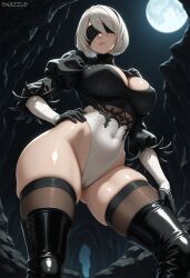 ai_generated artist_name black_blindfold black_footwear black_gloves black_hairband blindfold boots breasts cleavage cleavage_cutout clothing_cutout covered_navel cross-laced_footwear feather-trimmed_sleeves feather_trim female full_moon gloves hairband hand_on_hip highleg highleg_leotard juliet_sleeves large_breasts leather_boots leotard mole mole_under_mouth moon moonlight nier nier:_automata nier_(series) night night_sky outdoors patreon_username puffy_sleeves short_hair sky snazzdaz snazzle stable_diffusion thick_thighs thigh_boots thighhighs thighhighs_under_boots thighs white_hair white_leotard yorha_2b