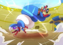 2boys a-side anthro ass balls battle blue_fur blue_hair bottomless bottomless_male canid canine colossal colossal_balls erect_penis fighting fox furry hips huge_balls hyper hyper_balls hyper_testicles jackal large_ass large_balls large_penis large_testicles lucario male male_focus male_only massive_balls nintendo penis pokemon pokemon_(species) purple_highlights ralord testicles thick_thighs thighs white_fur wide_hips