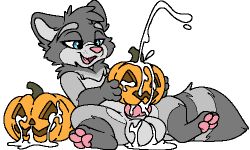 animal_genitalia animal_penis balls bodily_fluids canid canine canine_genitalia canine_penis cum cum_in_pumpkin cum_inside feral food food_fetish food_penetration food_play fruit fur genital_fluids genitals grey_body grey_fur hybrid improvised_sex_toy kalen_(xenoyia) knot low_res male mammal pawprint.ing_(artwork) penis plant procyonid pumpkin pumpkin_masturbation raccoon raccoon_dog sheath short_stack tanuki toony xenoyia