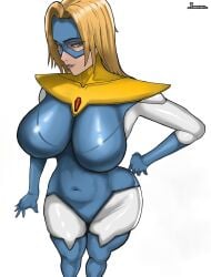 1girls 2d big_breasts blonde_blazer blue_eyes breasts breasts_bigger_than_head dispatch_(game) female female_only isensio light-skinned_female light_brown_hair light_skin mask perspective solo solo_female superhero superheroine