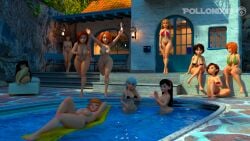 3d ann_possible big_hero_6 bikini bonnie_rockwaller cass_hamada casual clothing crossover daphne_blake disney dreamworks female group hanna-barbera helen_parr honey_lemon human kim_possible marvel marvel_comics mirage_(the_incredibles) multiple_females multiple_girls nonsexual nonsexual_nudity nudist pale_skin party pollonix13 pool scooby-doo shego source_request swimwear the_incredibles topless velma_dinkley violet_parr