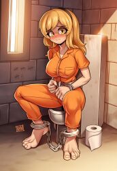 1girls ashamed blam blonde_female blonde_hair blush buttons chained chains cuffs embarrassed embarrassed_expression embarrassed_female female female_focus female_only flip_flops handcuffs inmate inmates_clothing jail jumpsuit long_hair orange_clothing prison prison_cell prison_clothes prison_jumpsuit prison_uniform prisoner restrained restrained_arms restrained_legs restrained_wrists restraints shackles shame shy toilet toilet_paper toilet_use uniform yellow_eyes