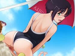 beach black_hair censored cg green_eyes kiriyama_taichi kneeling megane milf parasol penis sky swimsuit swimsuit_aside