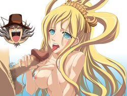 1boy 1girls blonde_hair breasts censored earrings female hat highres large_breasts long_hair male mermaid nipples one_piece penis princess saykay shirahoshi solo_focus straight tongue_out vander_decken_ix