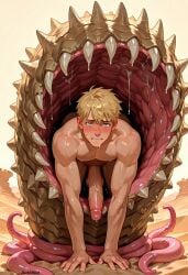 1boy ai_generated ambiguous_consent ambiguous_gender blonde_hair blush darkeffect dune erection front_view light-skinned_male light_skin looking_at_viewer male male_focus monster_on_male nightmare_fuel open_mouth penis saliva sandworm tentacle tongue vore where_is_your_god_now