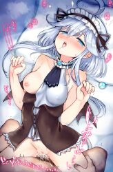 ahoge ajitarou_(setsu) android black_wings blue_eyes blush breasts brown_bodice censored commentary_request cum cum_in_pussy emil_chronicle_online female female_orgasm frilled_hairband frills grabbing_another's_thighs hairband head_on_pillow heart highres leotard long_sidelocks lying medium_breasts mitama_aria mosaic_censoring nipples on_bed open_mouth orgasm pillow sex sidelocks spoken_heart tongue tongue_out twitching vaginal_penetration white_hair white_leotard white_tail wings