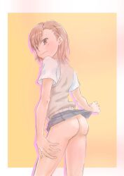 10s 1girls 2019 ass bare_ass bare_legs blush border bottomless brown_eyes brown_hair brunette clothes_lift female flashing from_behind hi_res kazamidori1985 lifted_by_self looking_at_viewer looking_back matching_hair/eyes miniskirt misaka_mikoto no_panties orange_background presenting school_uniform schoolgirl short_hair shorts shorts_removed signature skirt skirt_lift smile solo standing sweatdrop teenage_girl teenager to_aru_kagaku_no_railgun to_aru_majutsu_no_index tokiwadai_school_uniform white_border young