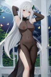 ai_generated arms_up echidna_(re:zero) long_hair medium_breasts nekom14 nipples pussy re:zero_kara_hajimeru_isekai_seikatsu silver_hair through_clothes