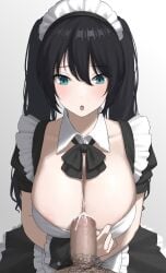 1boy 1boy1girl 1girls blue_eyes boobjob cum female_penetrated kaminari_doon light-skinned_female light_skin paizuri pale-skinned_female pale_skin perpendicular_paizuri pubic_hair tagme