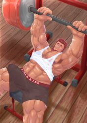 balls bara beard big_penis blush boner bulge erection erection_under_clothes exercising facial_hair fate_(series) genta_iwayama iskandar_(fate) male male_only muscles muscular penis red_hair shorts solo solo_male sweat sweating tank_top weightlifting