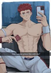 breasts bulge bulge_through_clothing condom derek_kingsfield exposed_bulge football football_player football_uniform gay hair jey jock_studio jockstudio(blits_games) kuraido_desu male male_only muscles muscular muscular_male nipples red_hair selfie sports_uniform sportswear uniform yaoi