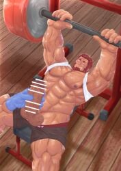 balls bara beard blush boner censored_penis disembodied_hands erection exercising facial_hair fate_(series) genta_iwayama handjob iskandar_(fate) male male_only muscles muscular penis red_hair shorts sweat sweating tank_top weightlifting