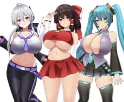 3d 3d_model dekapaiyukari facominn hatsune_miku huge_ass huge_breasts midriff navel reimu_hakurei skindentation thick_thighs touhou vocaloid wide_hips yowane_haku