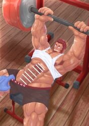 balls bara beard blush boner censored_penis disembodied_hands erection exercising facial_hair fate_(series) genta_iwayama iskandar_(fate) male male_only muscles muscular penis red_hair shorts sweat sweating tank_top weightlifting