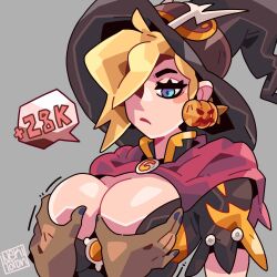 grope groping groping_breasts lowres mercy nekitoototo overwatch tagme witch witch_hat witch_mercy