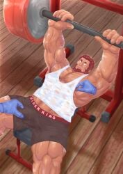 balls bara beard bulge disembodied_hands exercising facial_hair fate_(series) flaccid genta_iwayama iskandar_(fate) male male_only muscles muscular nipple_tweak penis red_hair shorts sweat sweating tank_top weightlifting