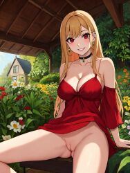 ai_generated blonde_hair dressing_up floral_print hand_on_head kitagawa_marin no_panties pussy show_pussy sono_bisque_doll_wa_koi_wo_suru spread_legs voyeurism