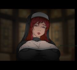 ashley_(never_saint) big_breasts church_interior dressed enormous_breasts green_eyes heart-shaped_pupils large_breasts long_hair never_saint nun nun_hat red_hair red_lips saint_voice