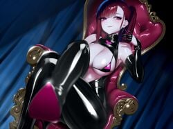 bodysuit bra earrings femdom gloves high_heels huge_ass huge_breasts latex saiakugenjin smile thick_thighs wide_hips