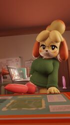 3d_(artwork) animal_crossing animal_genitalia animal_penis anthro balls bedroom_eyes big_balls big_breasts big_dildo big_penis blush bottomless breasts canid canine canine_genitalia canine_penis canis clothed clothing computer desk digital_media_(artwork) dildo domestic_dog erection eyewear front_view fur furfnsfw furniture genitals glasses gynomorph hair hi_res huge_cock inside intersex isabelle_(animal_crossing) laptop leaning looking_at_viewer mammal narrowed_eyes nintendo open_mouth open_smile partially_clothed penis seductive sex_toy shih_tzu smile smug solo table thick_thighs toy_dog vein veiny_penis wide_hips yellow_body yellow_fur