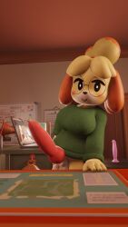 3d_(artwork) animal_crossing animal_genitalia animal_penis anthro balls big_balls big_breasts big_dildo big_penis blush bottomless breasts canid canine canine_genitalia canine_penis canis clothed clothing computer desk digital_media_(artwork) dildo domestic_dog erection eyewear front_view fur furfnsfw furniture genitals glasses gynomorph hair hi_res huge_cock inside intersex isabelle_(animal_crossing) laptop leaning looking_at_viewer mammal nintendo partially_clothed penis sex_toy shih_tzu smile solo table thick_thighs toy_dog vein veiny_penis wide_hips yellow_body yellow_fur