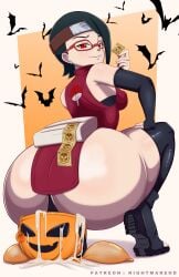 ass ass_focus bat black_hair boruto:_naruto_next_generations breasts condom condom_wrapper cum cum_on_object halloween high_resolution huge_ass looking_at_viewer looking_back medium_breasts megane naruto nightmare_hdraw pumpkin pumpkin_head red_eyes sarada_uchiha sharingan smile squatting tagme toilet_symbol uchiha_sarada used_condom very_high_resolution