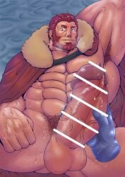 balls bara beard big_balls big_penis boner cape cape_only censored_penis disembodied_hand erection facial_hair fate_(series) genta_iwayama hand_behind_head handjob iskandar_(fate) male male_only muscles muscular musk nude penis red_hair spread_legs sweat sweating