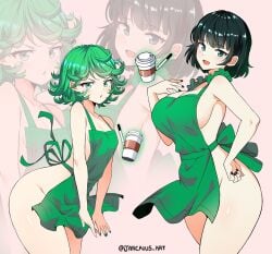 2girls apron ass bare_hips barista casual cleavage coffee employee employee_uniform esper_sisters female female_only fubuki_(one-punch_man) human iced_latte_with_breast_milk jarckius looking_at_viewer naked_apron one-punch_man outerwear pale_skin sideboob starbucks tagme tatsumaki