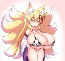 1girls cow_bikini cow_print female fox_ears fox_girl fox_tail huge_breasts light-skinned_female light_skin mon-musu_quest! monster_girl monster_girl_quest multiple_tails nav_(thatnav) shortstack solo tagme tamamo_(monster_girl_quest)