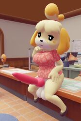 3d_(artwork) animal_crossing animal_genitalia animal_penis anthro balls big_balls big_breasts big_penis blush bottomless breasts canid canine canine_genitalia canine_penis canis clothed clothing desk digital_media_(artwork) domestic_dog erection fur furfnsfw furniture genitals gynomorph hair hand_on_hip hi_res huge_cock inside intersex isabelle_(animal_crossing) knot looking_at_viewer mammal nintendo on_desk partially_clothed penis shadow shih_tzu sitting smile solo table thick_thighs toy_dog wide_hips yellow_body yellow_fur