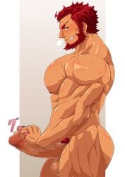 balls bara beard big_balls big_penis blush boner censored_penis erection facial_hair fate_(series) iskandar_(fate) karakuraax male male_only masturbation muscles muscular nude penis red_hair solo solo_male sweat sweating