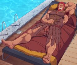 armpit_hair balls bara beard facial_hair fate_(series) flaccid hand_behind_head iskandar_(fate) lying_on_back male male_only muscles muscular pantsless penis red_hair ryans solo solo_male