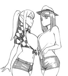 2girls commission commissioner_upload emily(blarghonator) magnolia(blarghonator) medium_breasts mfus open_shirt pinup shorts sketch suspenders tagme the_city_of_reygarth white white_background