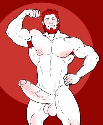 armpit_hair balls bara beard big_penis blush boner closed_eyes cummytomato erection facial_hair fate_(series) flexing iskandar_(fate) male male_only monochrome muscles muscular nude penis proud_of_his_cock red_hair solo solo_male